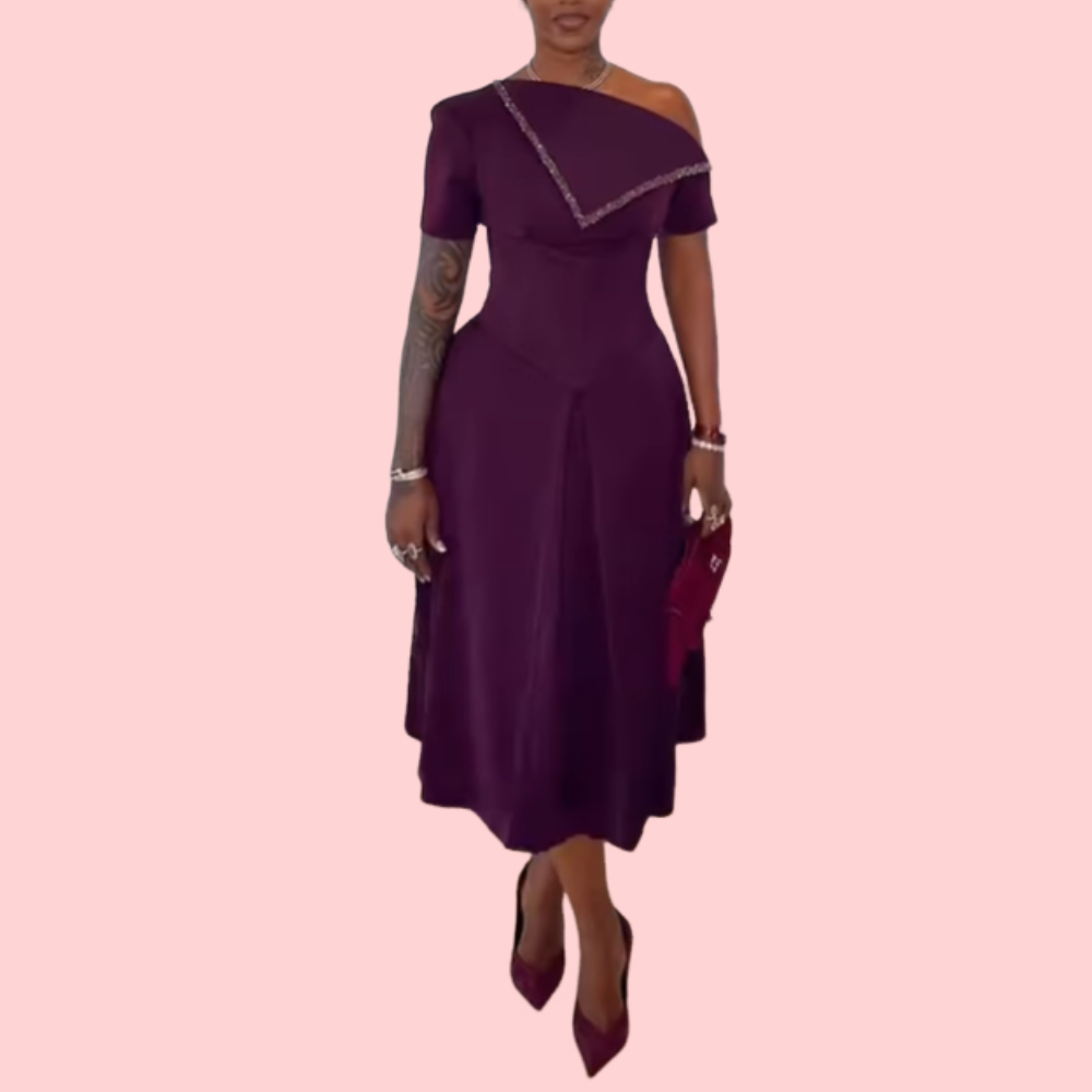 One-Shoulder Short-Sleeve High-Waisted Midi Dress
