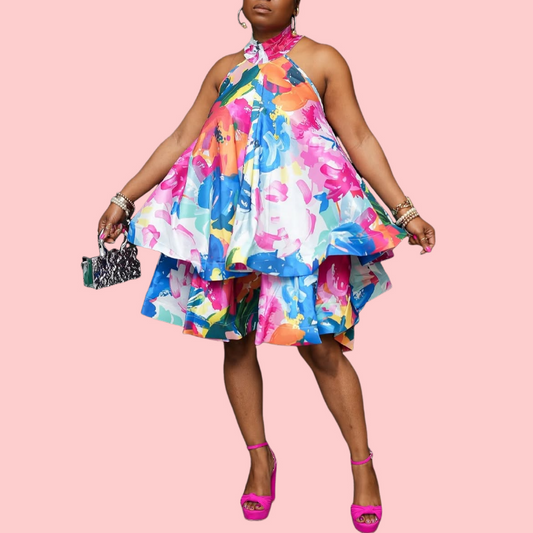 Colorful Floral Layered Mini Dress
