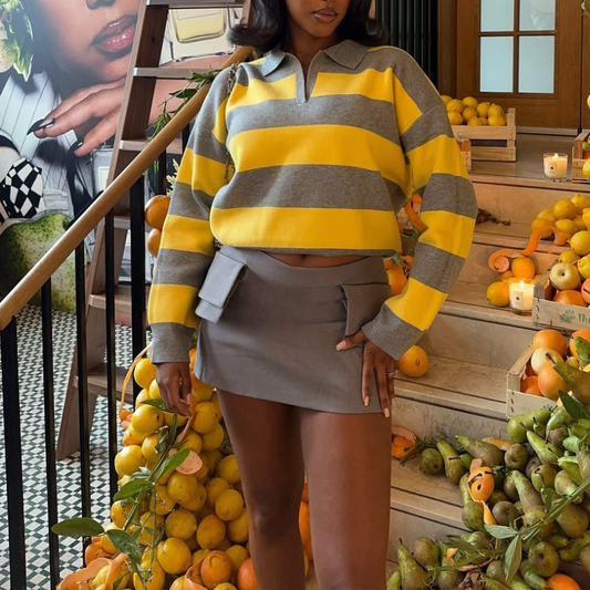 Color-Block Polo Knit Top & Skirt Set