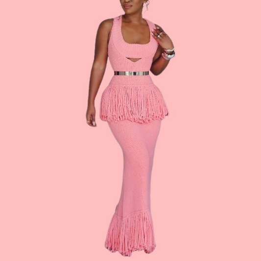 Pink Fringe Cutout Maxi Dress