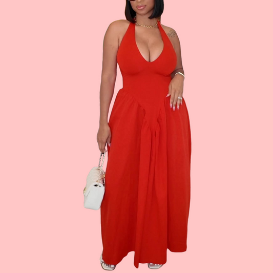 Solid Color V-Neck Sleeveless Maxi Dress