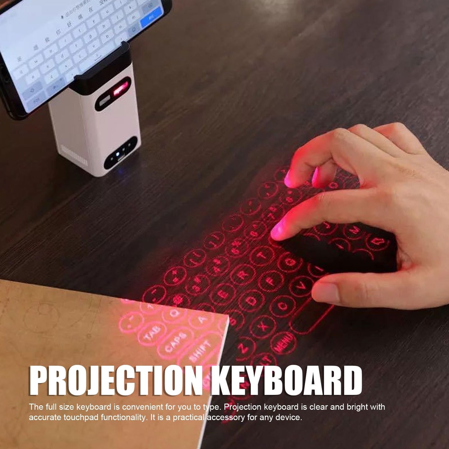 Wireless Projection Keyboard, Blue tooth Virtual Keyboard, Portable Full Size Keyboard with Phone Stand & Mobile Power Supply Function, QWERTY Layout, for Tablet, Smartphone
