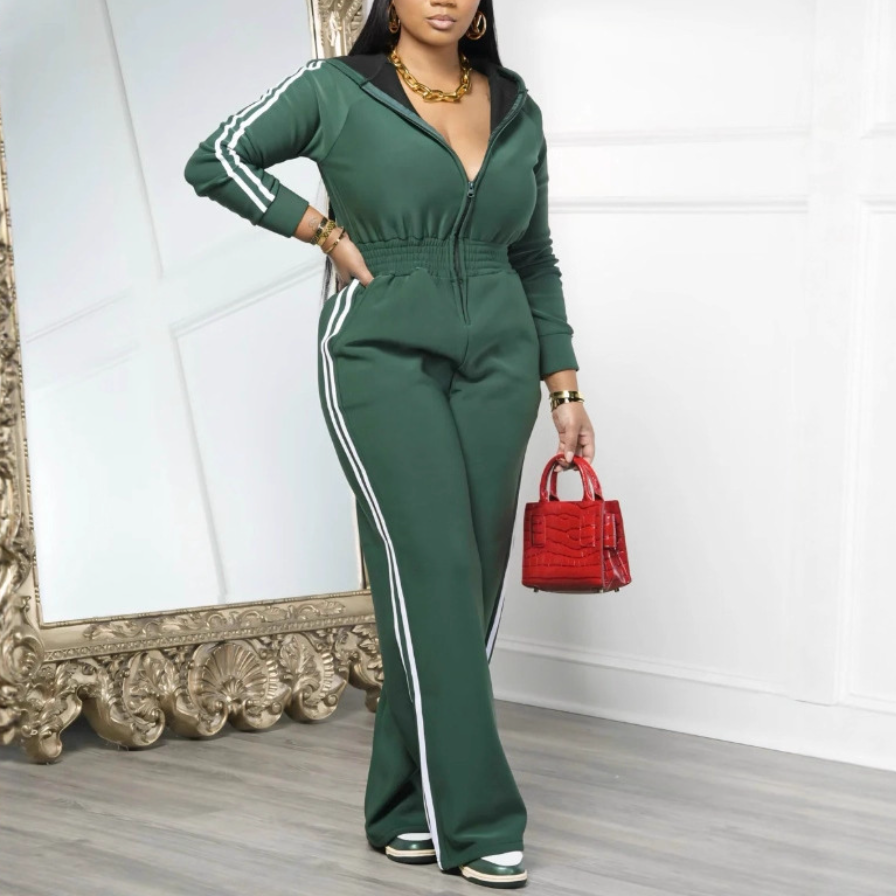 Hooded Striped Zipper Jumpsuit