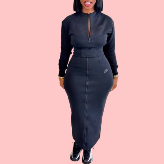 Black Zipper Hoodie & Bodycon Skirt Set