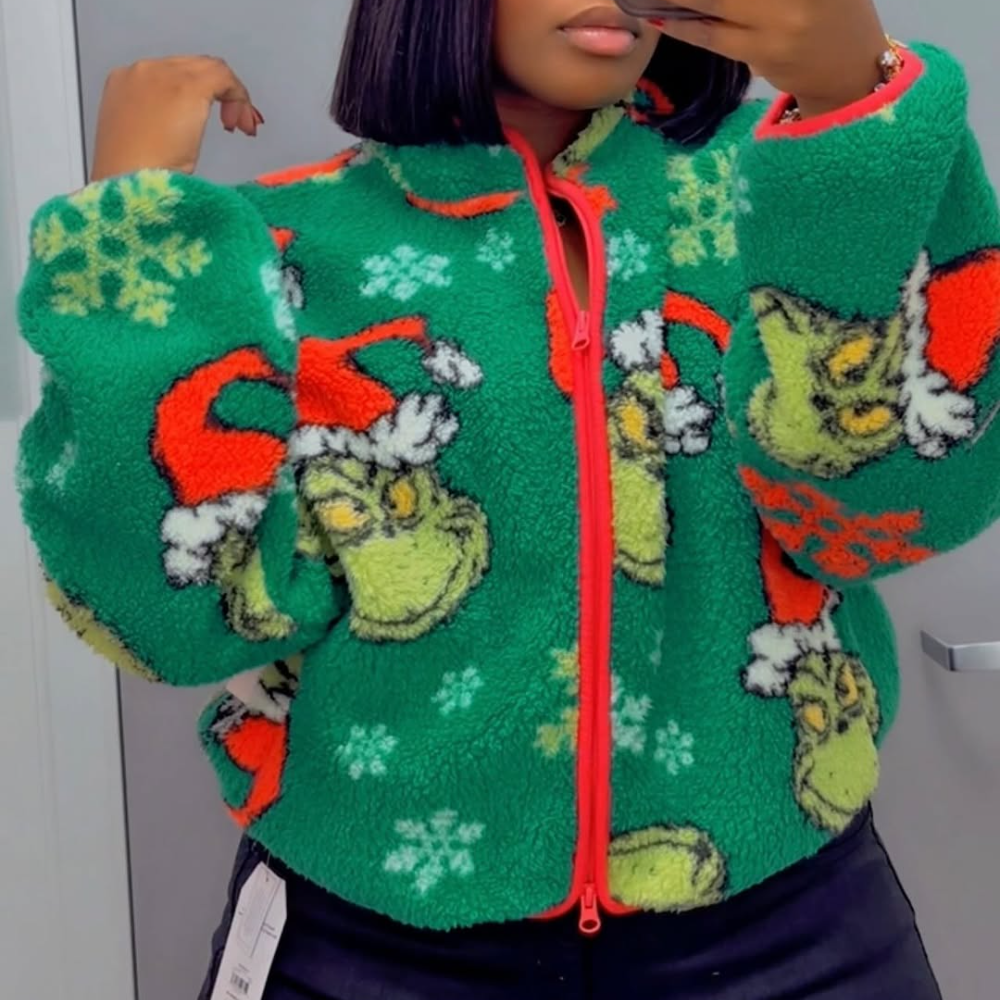 Holiday Print Fleece Zipper Coat