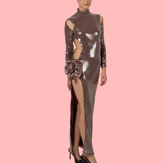 Shiny Leather Cutout Bow Maxi Dress