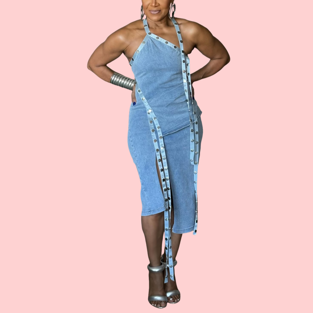Washed Denim Halter-Neck Ribbon Dress
