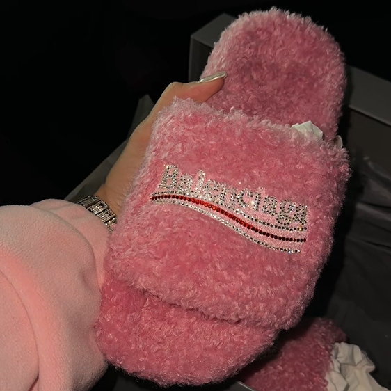 Pink Rhinestone Fleece Slippers