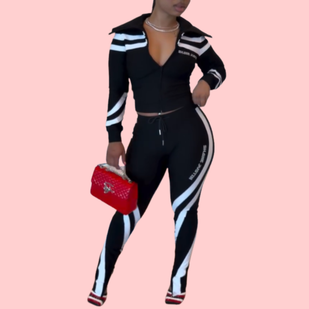Sports Print Patchwork Long-Sleeve Zipper Leggings Set