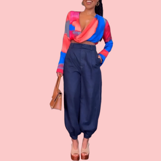 Colorful Tie-Dye V-Neck Long-Sleeve Top & Pants Set