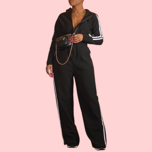 Hooded Striped Zipper Jumpsuit