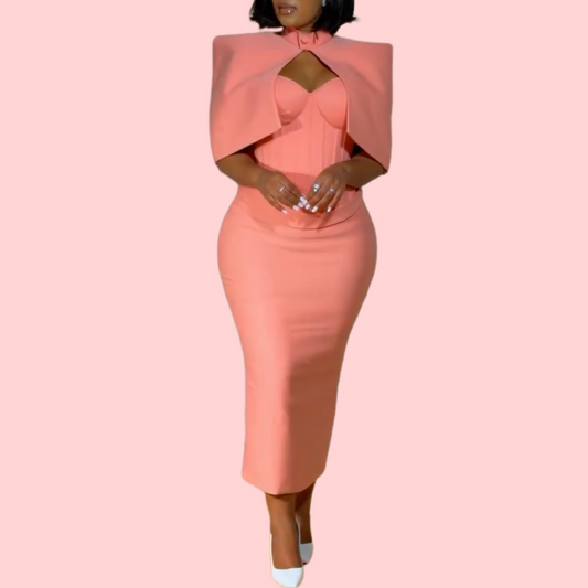 Pink Shawl + Strapless Fitted Maxi Dress