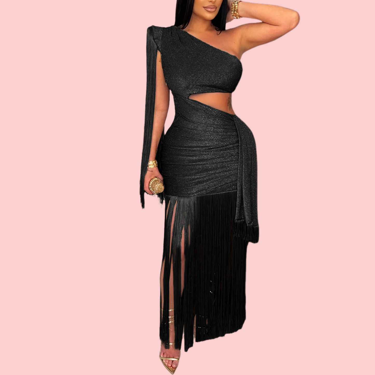 Solid Color Off-Shoulder Cutout Fringe Maxi Dress