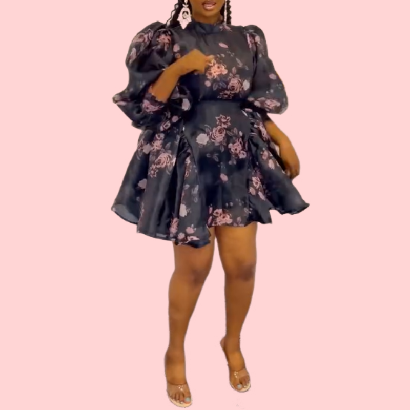 Floral Print Bubble Sleeve Mini Dress