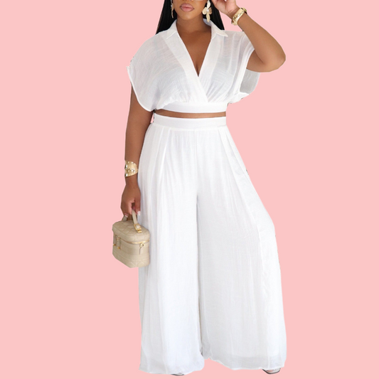 Solid Color V-Neck Mesh Two-Piece Set