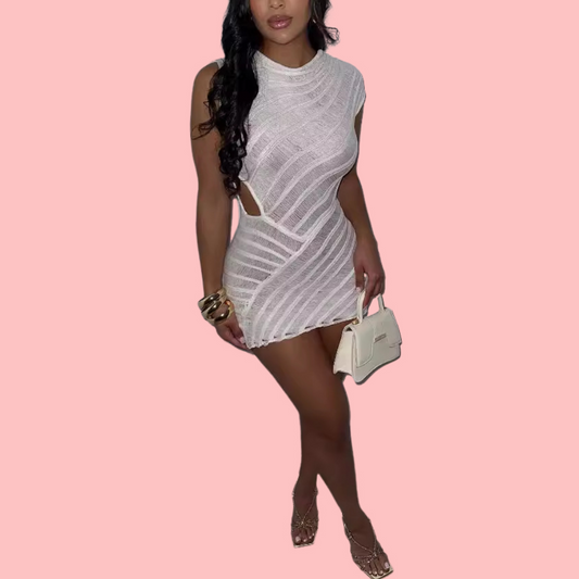 White Knit Cutout Sleeveless Mini Dress
