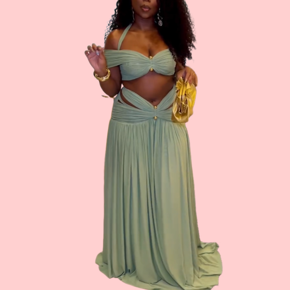 Green Lace-Up Pleated Maxi Dress