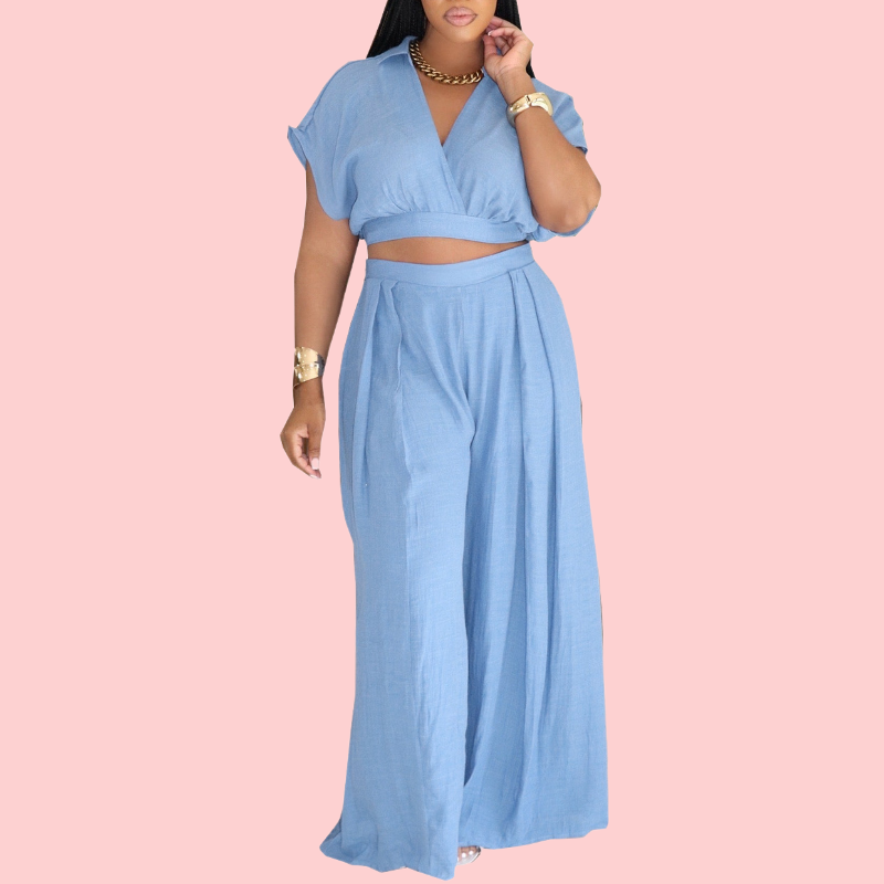 Solid Color V-Neck Mesh Two-Piece Set
