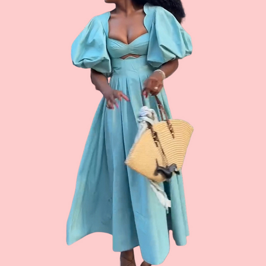Blue Bubble Sleeve Maxi Dress