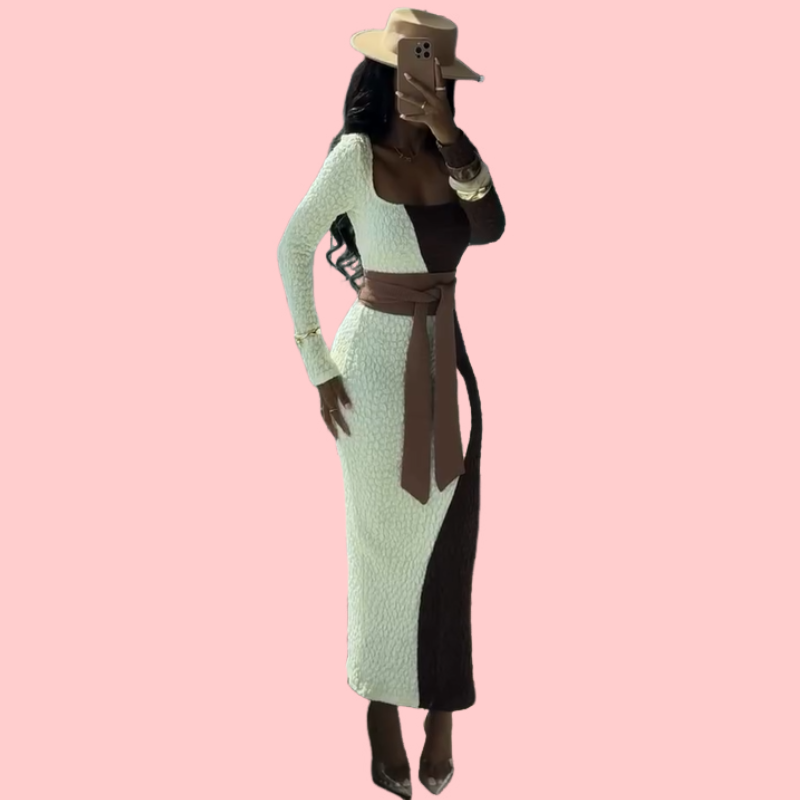 Color-blocked Long-Sleeve Maxi Dress