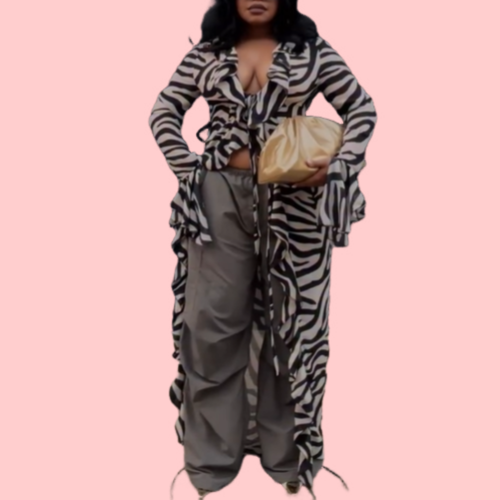 Zebra-Print Tie-Front Maxi Blouse