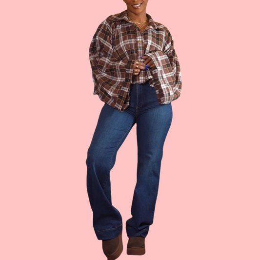 Brown Plaid Loose Shirt & Jeans Set