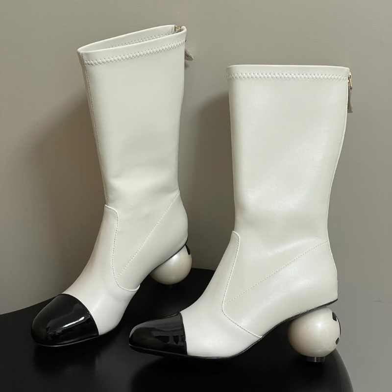 Large-Pearl Zipper Mid-Calf Boots