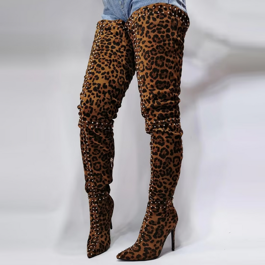 Leopard Print Studded Knee-High Boots