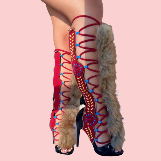 Fur-Trimmed Lace-Up High Heels