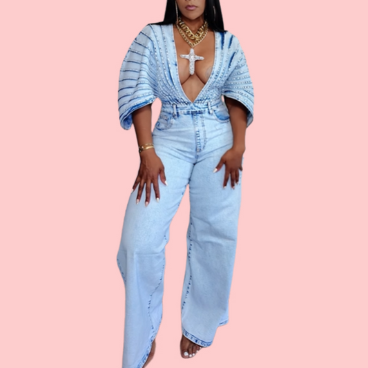 Blue Denim V-Neck Jumpsuit