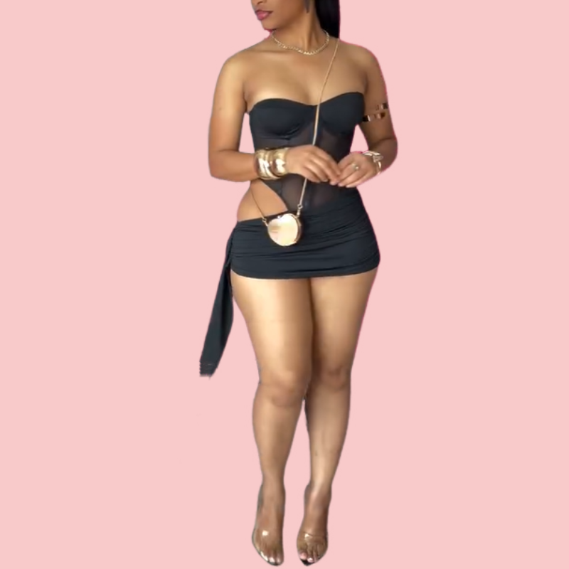 Black Sheer Hollow Fluttering Mini Dress