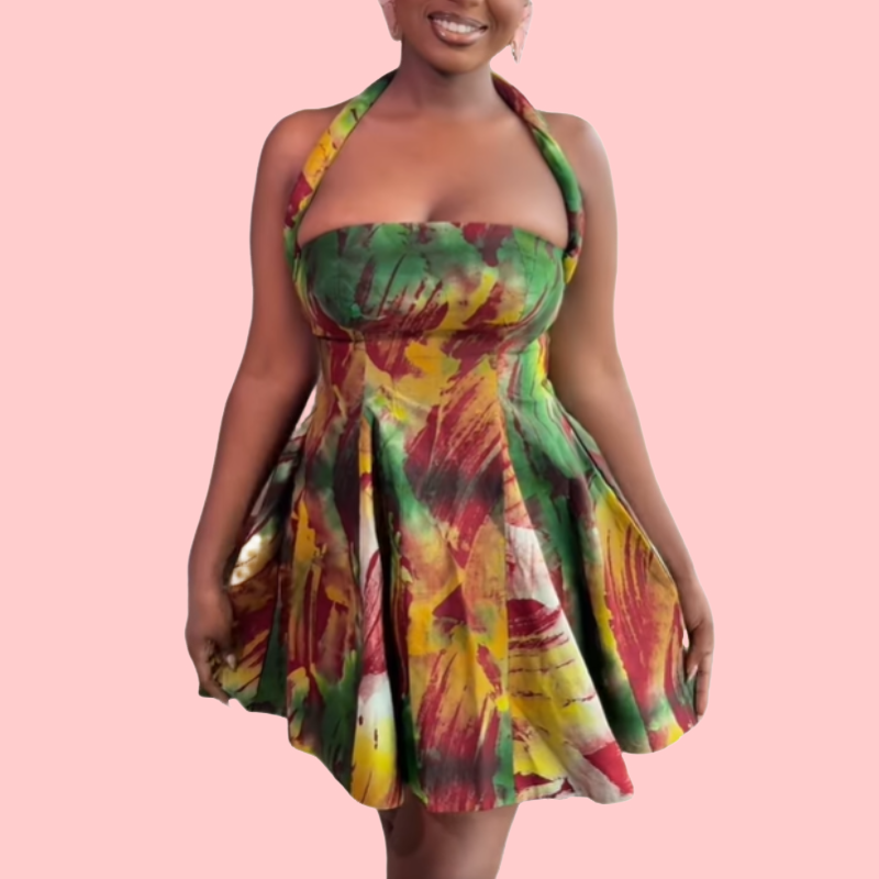 Colorful Printed Neck Mini Dress