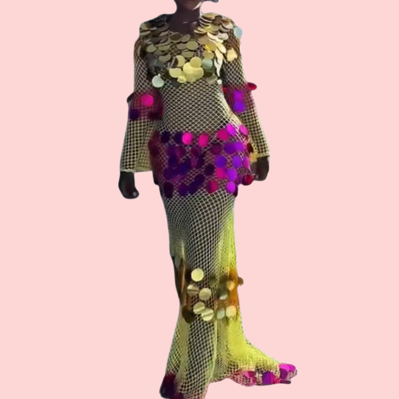 Yellow Mesh Sequin Maxi Dress