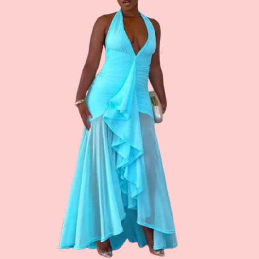 Blue V- Neck Ruffle Tulle Maxi Dress