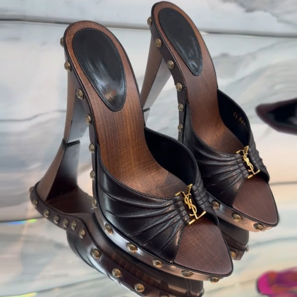 Wooden Rivet High-Heeled Sandals