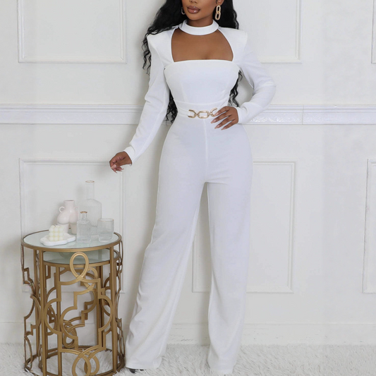 Solid-Color Wrap-Neck Wide-Leg Jumpsuit