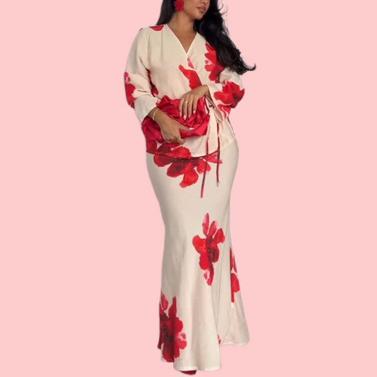 Red Floral Printed Strappy Top & Skirt Set