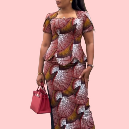 Short-Sleeve Patterned Square-Neck Blouse & Skirt Set