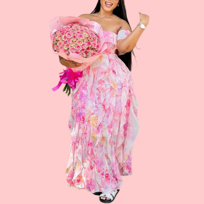 Pink Off-the-Shoulder Ruffled Floral Maxi Dress