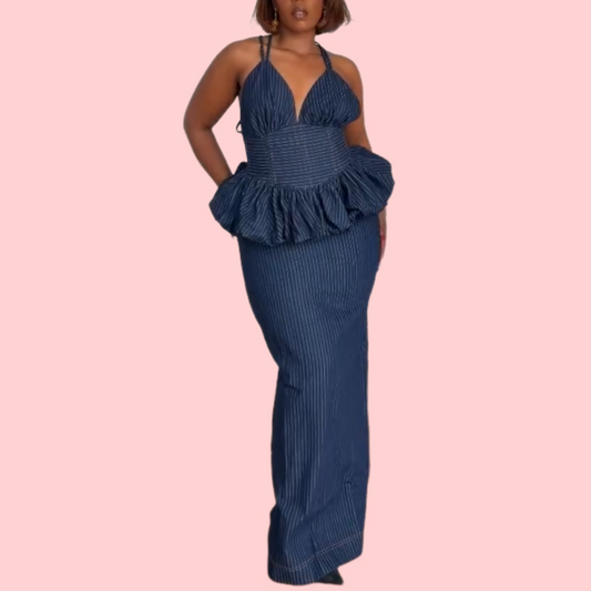 Blue Striped Halter Top & Skirt Set