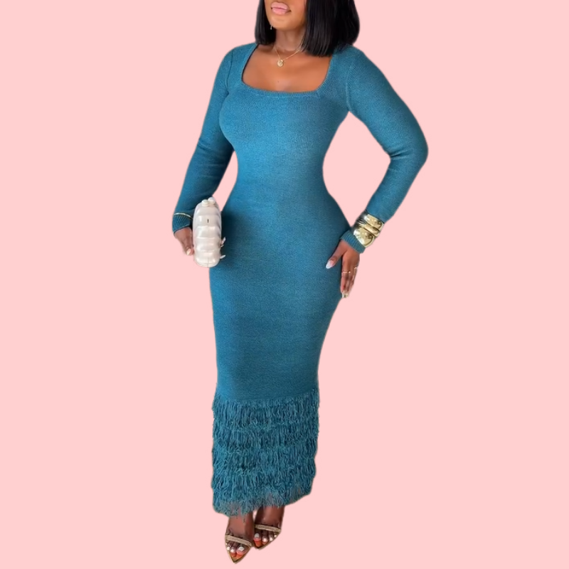 Blue Knit Fringe Maxi Dress