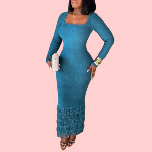 Blue Knit Fringe Maxi Dress
