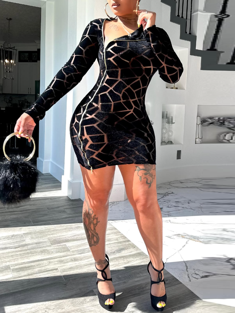Sexy Faux Fur Hollow-Out Zipper Mini Dress