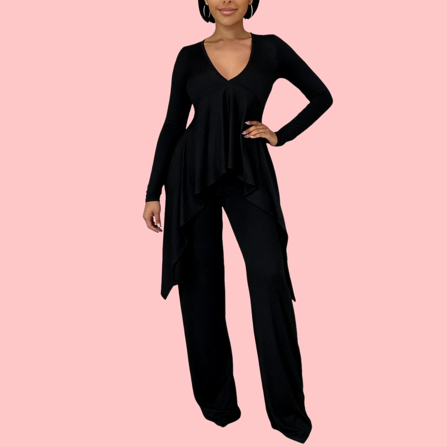 Solid-Color V-Neck Ribbon Two-Piece Set