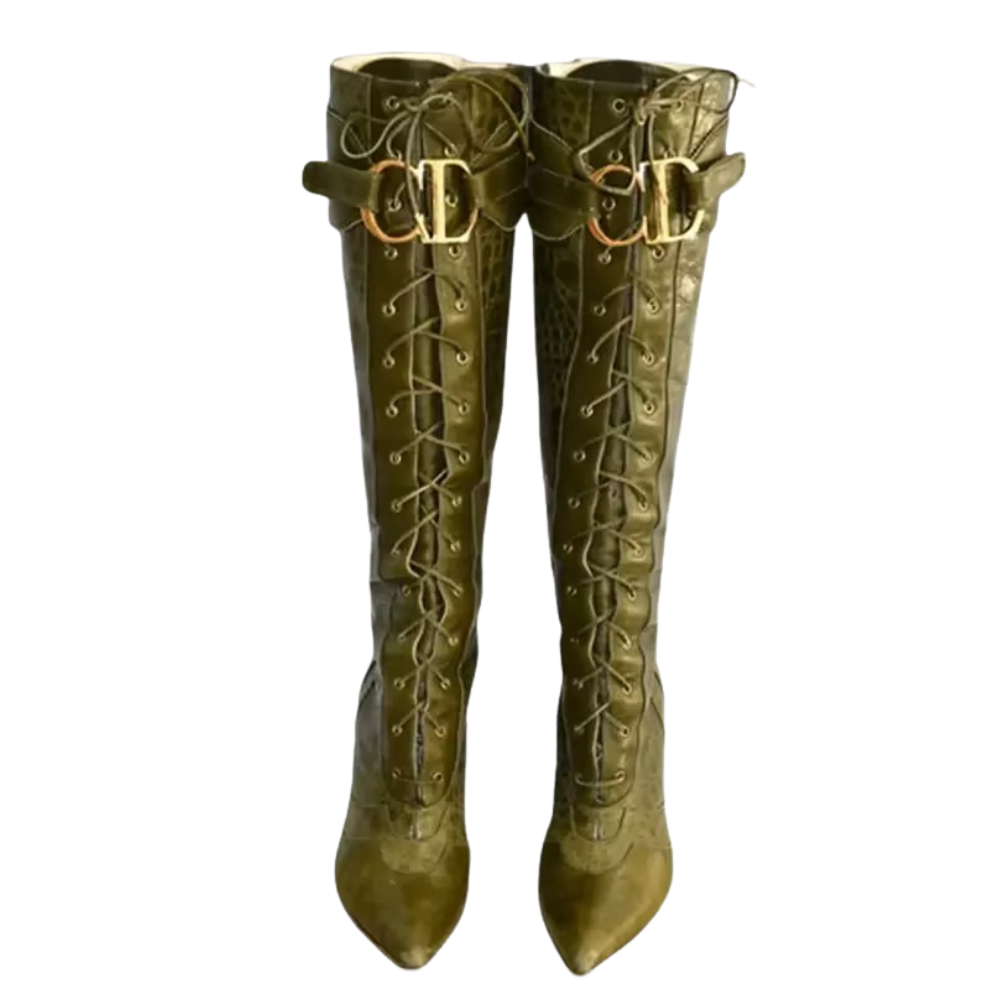 Green Leather Strap Knee-High Boots