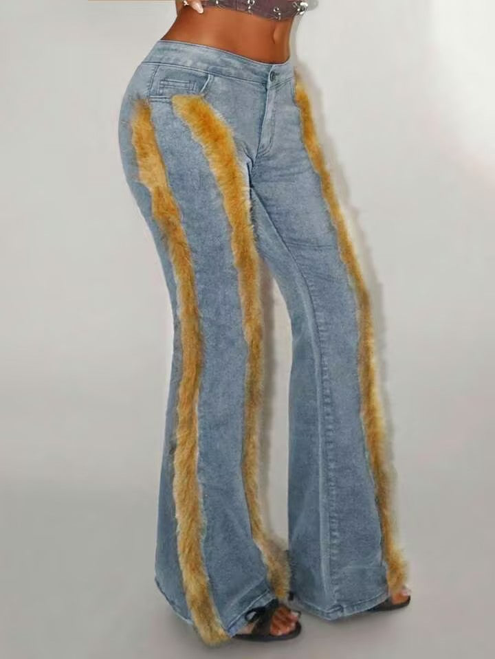 Faux Fur-Trimmed Jeans