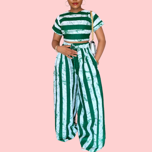 White and Green Striped Printed Two-Piece Set