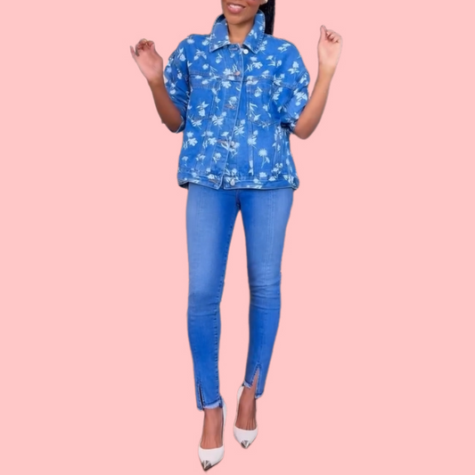 Blue Denim Floral Print Jacket