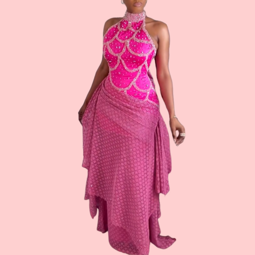 Pink Rhinestone Layered Maxi Dress