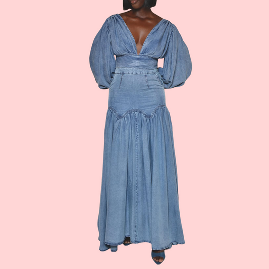 Denim V-neck Long-Sleeve Maxi Dress